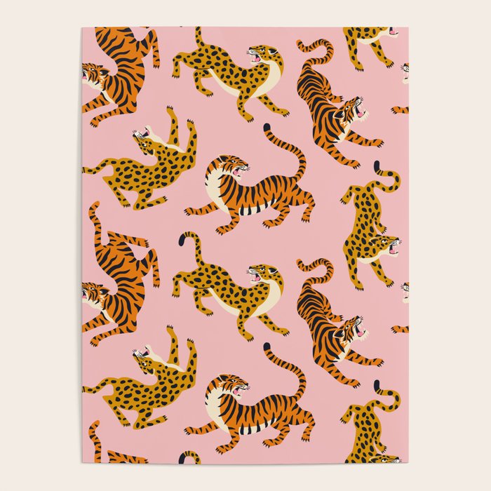 Bengal tigers and leopards on pink background Poster