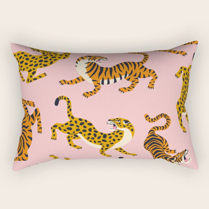 Bengal tigers and leopards on pink background Rectangular Pillow Gallery Image 1