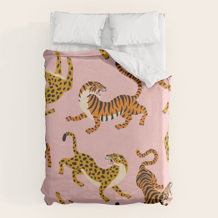 Bengal tigers and leopards on pink background Duvet Cover Gallery Image 6