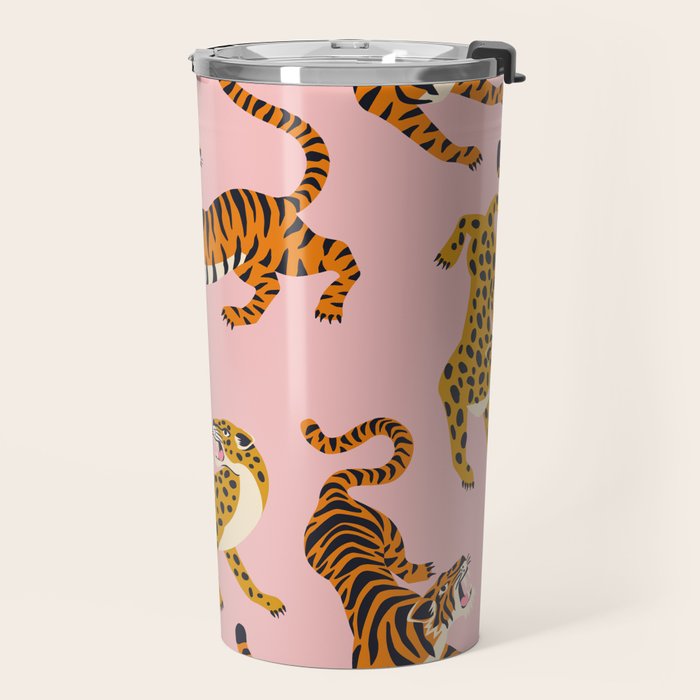 Bengal tigers and leopards on pink background Travel Mug Gallery Image 2