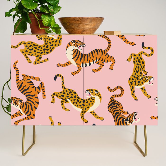 Bengal tigers and leopards on pink background Credenza Gallery Image 1