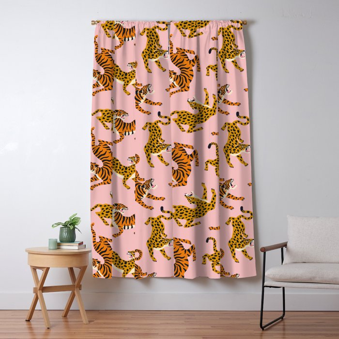 Bengal tigers and leopards on pink background Window Curtain Gallery Image 1