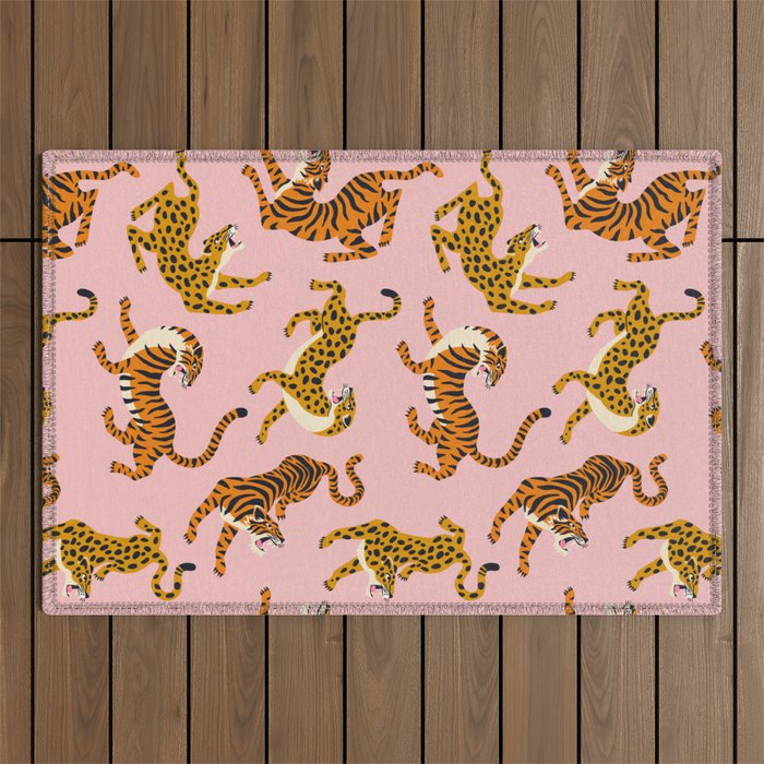 Bengal tigers and leopards on pink background Outdoor Rug Gallery Image 1