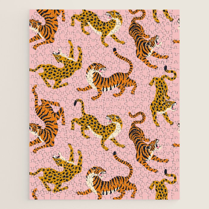 Bengal tigers and leopards on pink background Jigsaw Puzzle Gallery Image 1
