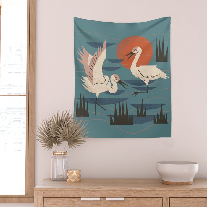 Cranes Wading At Sunset Wall Tapestry Gallery Image 2