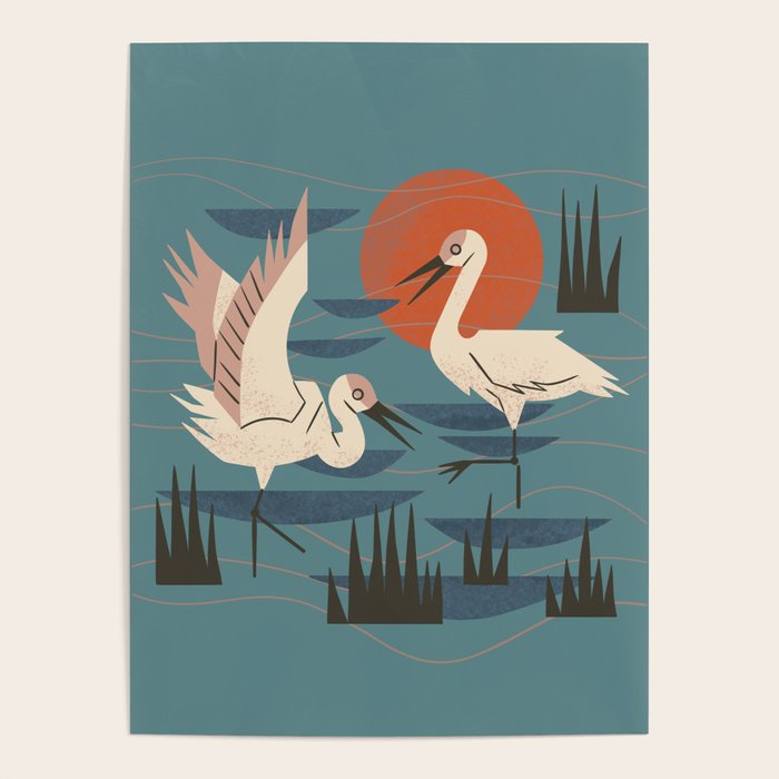 Cranes Wading At Sunset Poster Gallery Image 4