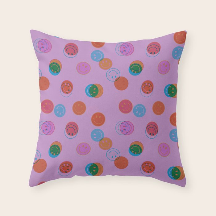 Smiley Face Stamp Print in Purple Throw Pillow Gallery Image 6