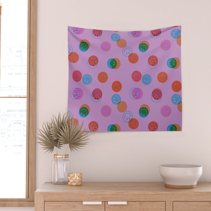 Smiley Face Stamp Print in Purple Wall Tapestry Gallery Image 2