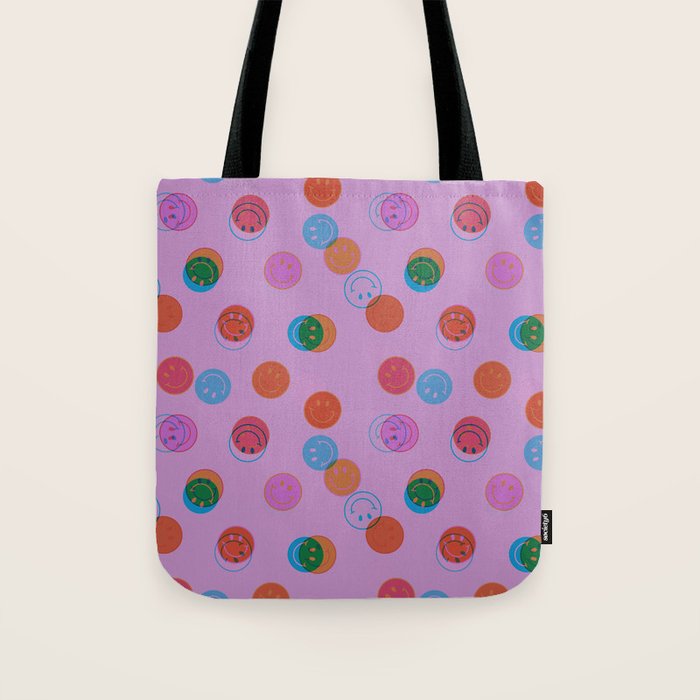 Smiley Face Stamp Print in Purple Tote Bag Gallery Image 1