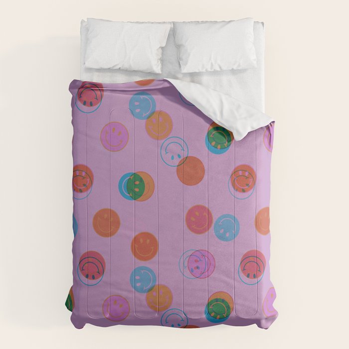 Smiley Face Stamp Print in Purple Comforter Gallery Image 1