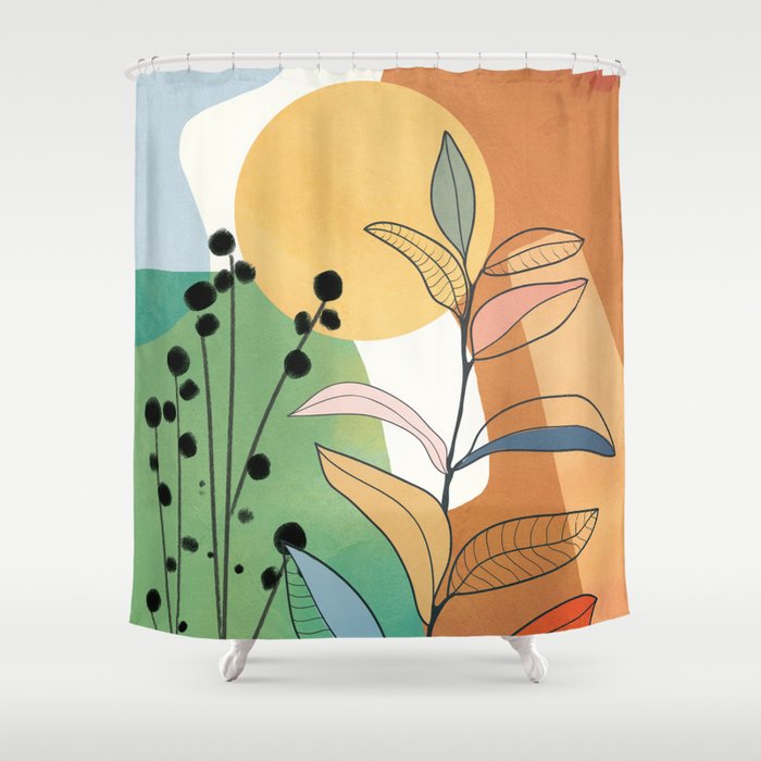 Modern abstract leaves line art 12 Shower Curtain Gallery Image 1