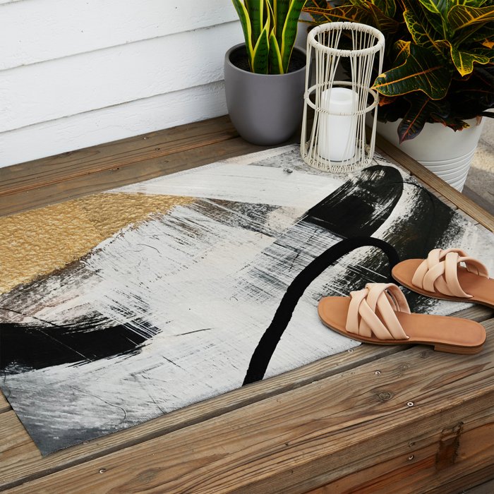 Armor [9]: a minimal abstract piece in black white and gold by Alyssa Hamilton Art Outdoor Rug Gallery Image 2