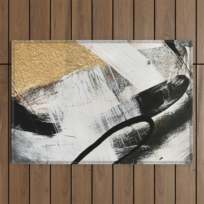 Armor [9]: a minimal abstract piece in black white and gold by Alyssa Hamilton Art Outdoor Rug Gallery Image 1