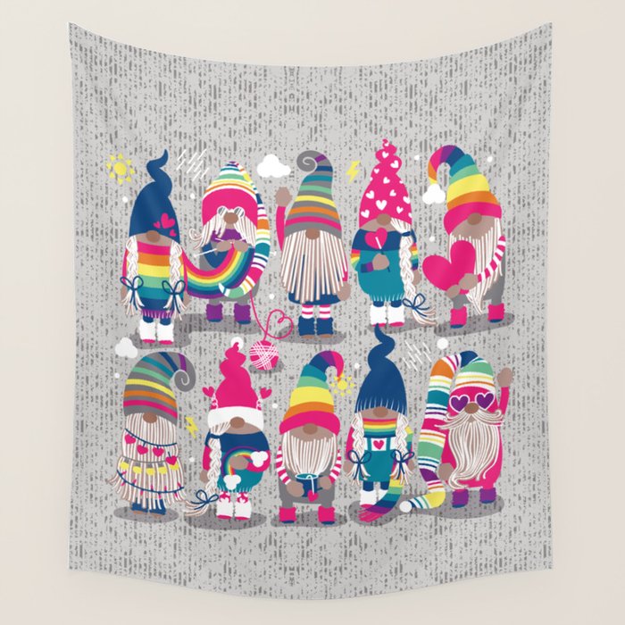 I gnome you // grey background little happy and lovely gnomes with rainbows fuchsia pink hearts Wall Tapestry Gallery Image 4