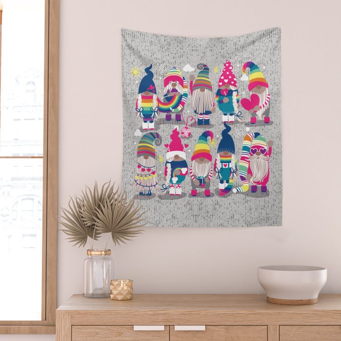 I gnome you // grey background little happy and lovely gnomes with rainbows fuchsia pink hearts Wall Tapestry Gallery Image 2
