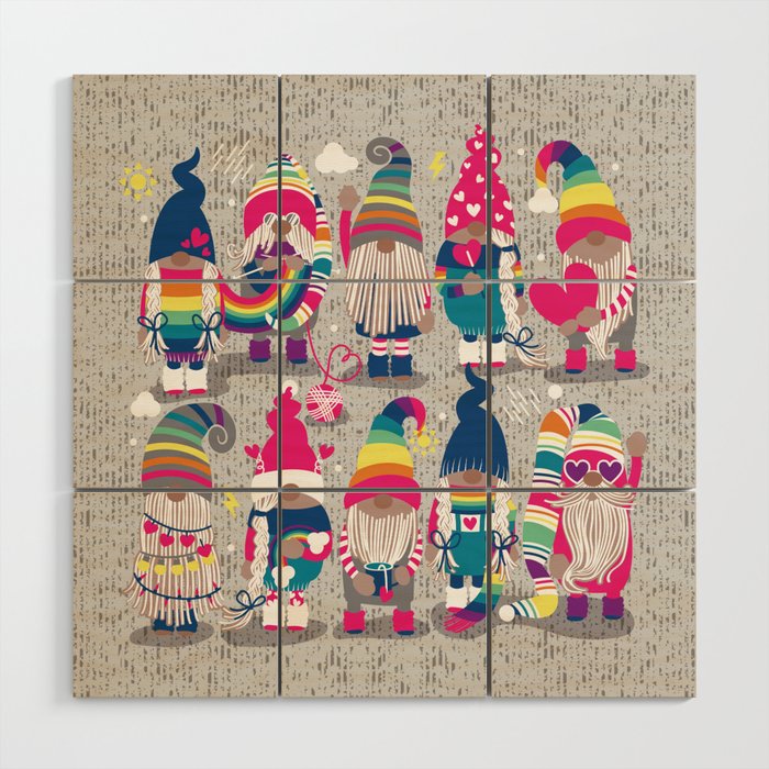 I gnome you // grey background little happy and lovely gnomes with rainbows fuchsia pink hearts Wood Wall Art Gallery Image 1