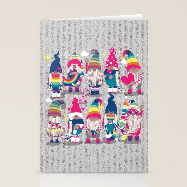 I gnome you // grey background little happy and lovely gnomes with rainbows fuchsia pink hearts Stationery Card Gallery Image 1