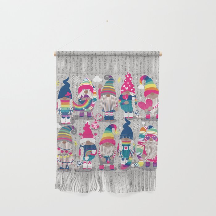 I gnome you // grey background little happy and lovely gnomes with rainbows fuchsia pink hearts Wall Hanging Gallery Image 1