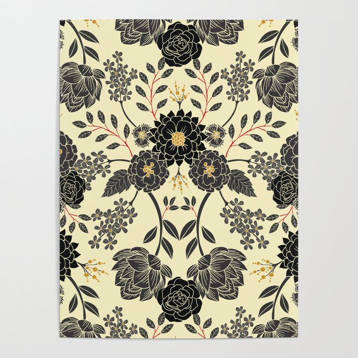 Gray, Black, Cream, Yellow & Red Sophisticated Floral Pattern Poster Gallery Image 1