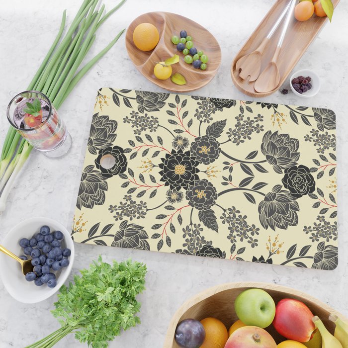Gray, Black, Cream, Yellow & Red Sophisticated Floral Pattern Cutting Board Gallery Image 2