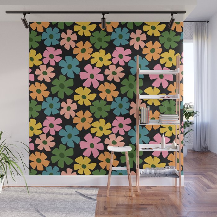 Retro Flower - Big Daisy Black background Wall Mural Gallery Image 1