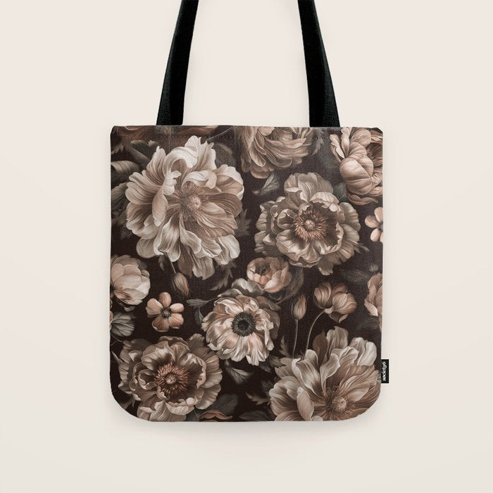 Opulent Floral Drama Moody Dark Brown Botanical Vibes Tote Bag Gallery Image 1