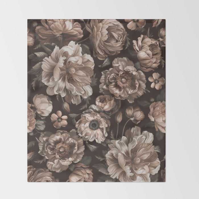 Opulent Floral Drama Moody Dark Brown Botanical Vibes Throw Blanket Gallery Image 2