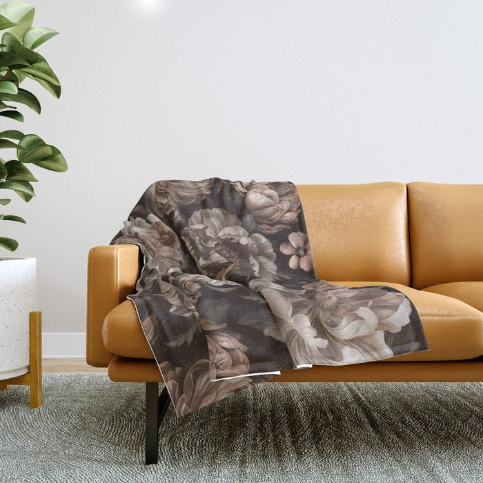 Opulent Floral Drama Moody Dark Brown Botanical Vibes Throw Blanket Gallery Image 1