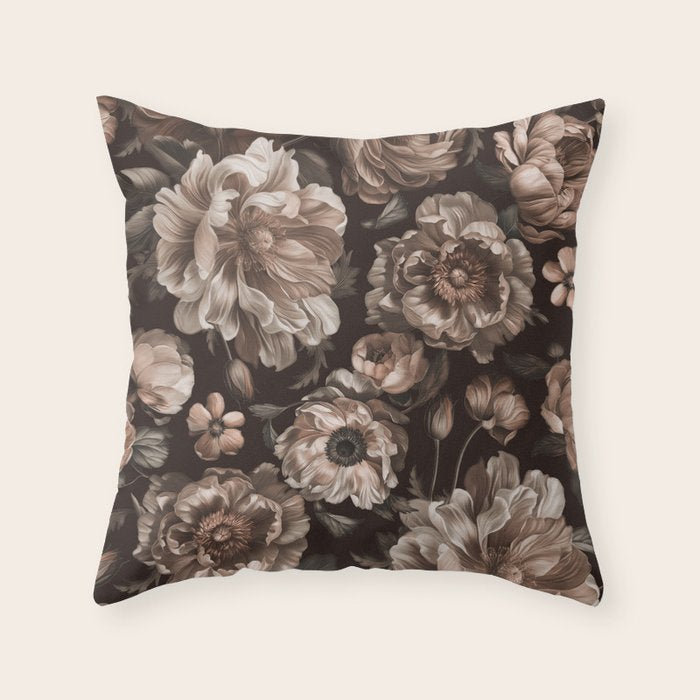Opulent Floral Drama Moody Dark Brown Botanical Vibes Throw Pillow Gallery Image 6