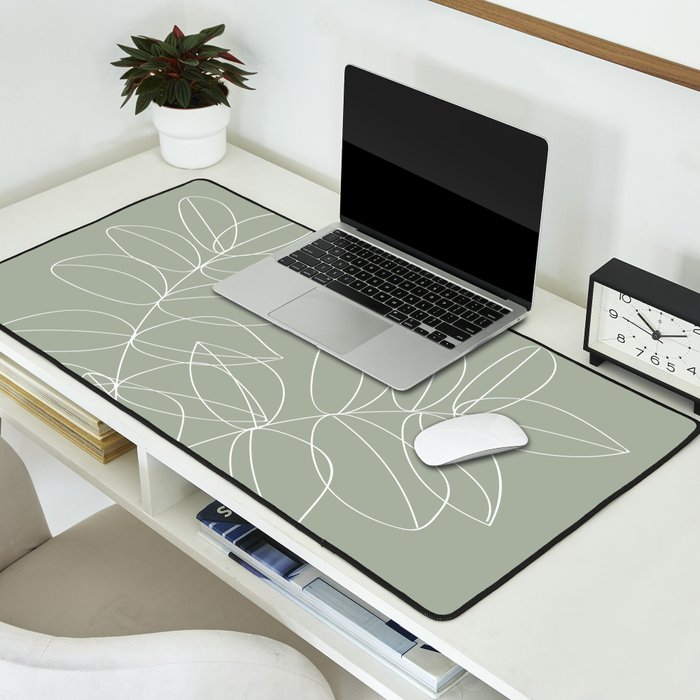 Boho Sage Green, Decor, Line Art, Botanical Leaves Desk Mat Gallery Image 2