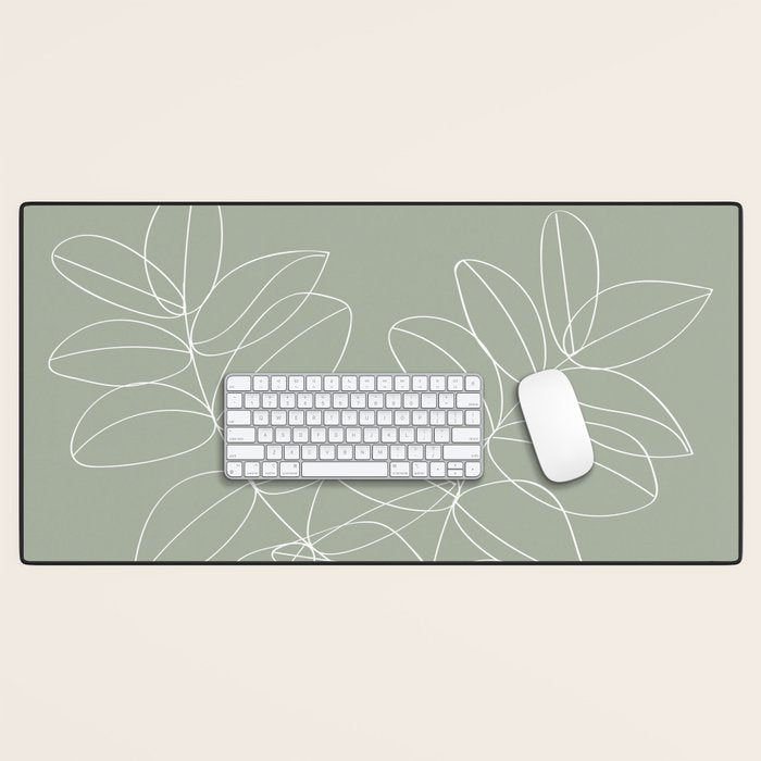 Boho Sage Green, Decor, Line Art, Botanical Leaves Desk Mat