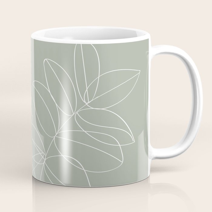 Boho Sage Green, Decor, Line Art, Botanical Leaves Coffee Mug Gallery Image 1