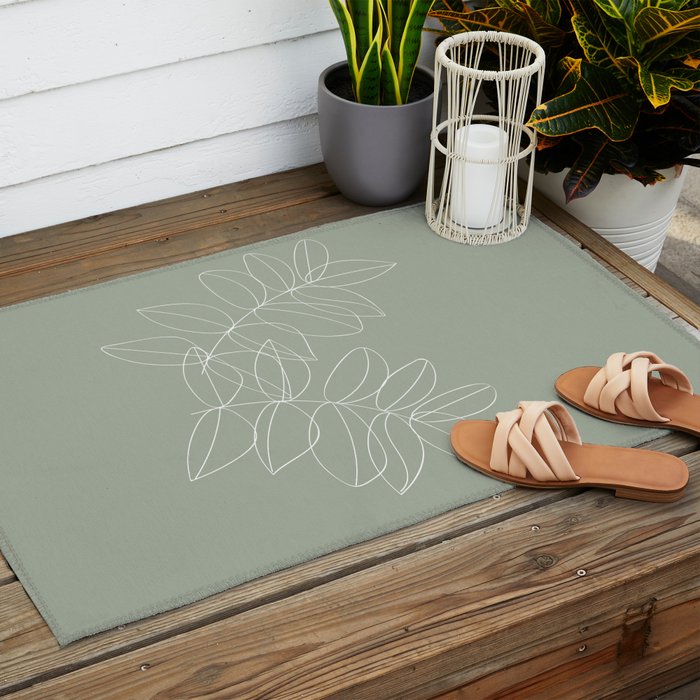 Boho Sage Green, Decor, Line Art, Botanical Leaves Outdoor Rug Gallery Image 2