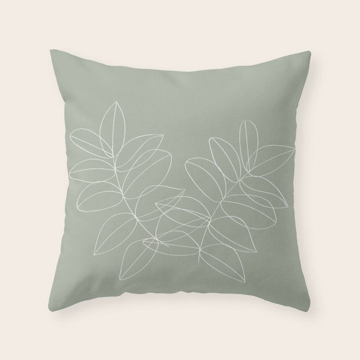 Boho Sage Green, Decor, Line Art, Botanical Leaves Throw Pillow