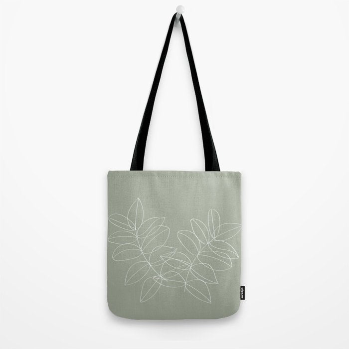 Boho Sage Green, Decor, Line Art, Botanical Leaves Tote Bag Gallery Image 2