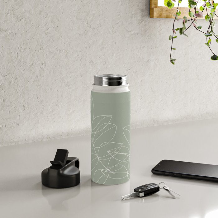 Boho Sage Green, Decor, Line Art, Botanical Leaves Water Bottle Gallery Image 4