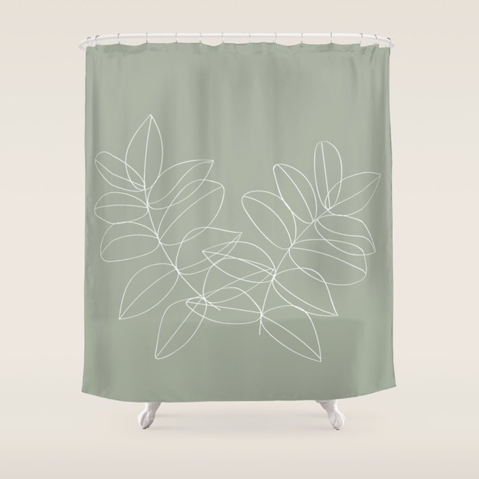 Boho Sage Green, Decor, Line Art, Botanical Leaves Shower Curtain Gallery Image 1