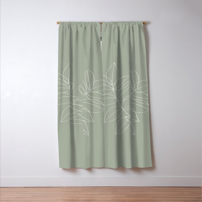 Boho Sage Green, Decor, Line Art, Botanical Leaves Window Curtain Gallery Image 3