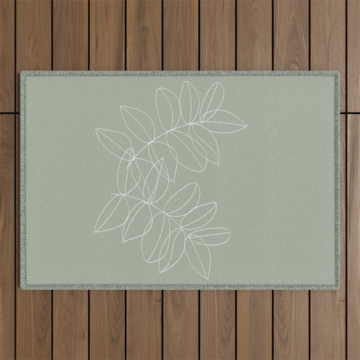 Boho Sage Green, Decor, Line Art, Botanical Leaves Outdoor Rug Gallery Image 1