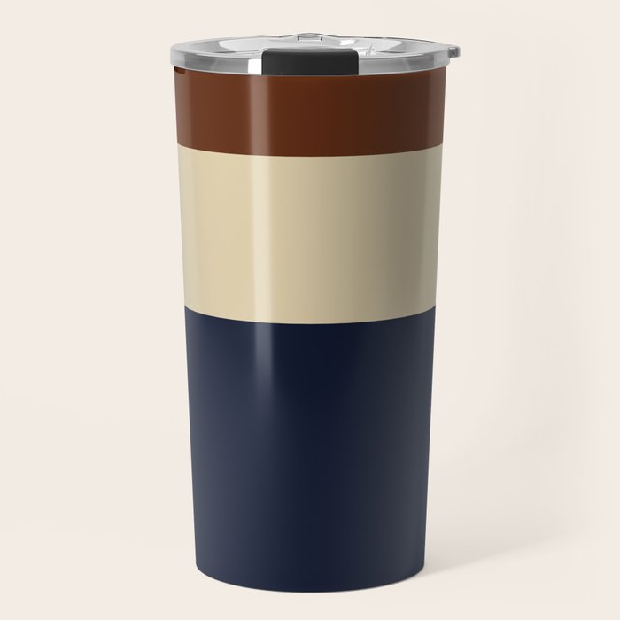 Color Block Triple - Minimalist Solid Stripe Pattern in Brown, Cream Beige, and Dark Navy Blue Travel Mug Gallery Image 1