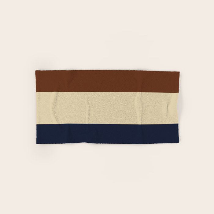 Color Block Triple - Minimalist Solid Stripe Pattern in Brown, Cream Beige, and Dark Navy Blue Bath Towel Gallery Image 1