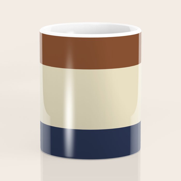 Color Block Triple - Minimalist Solid Stripe Pattern in Brown, Cream Beige, and Dark Navy Blue Coffee Mug Gallery Image 4