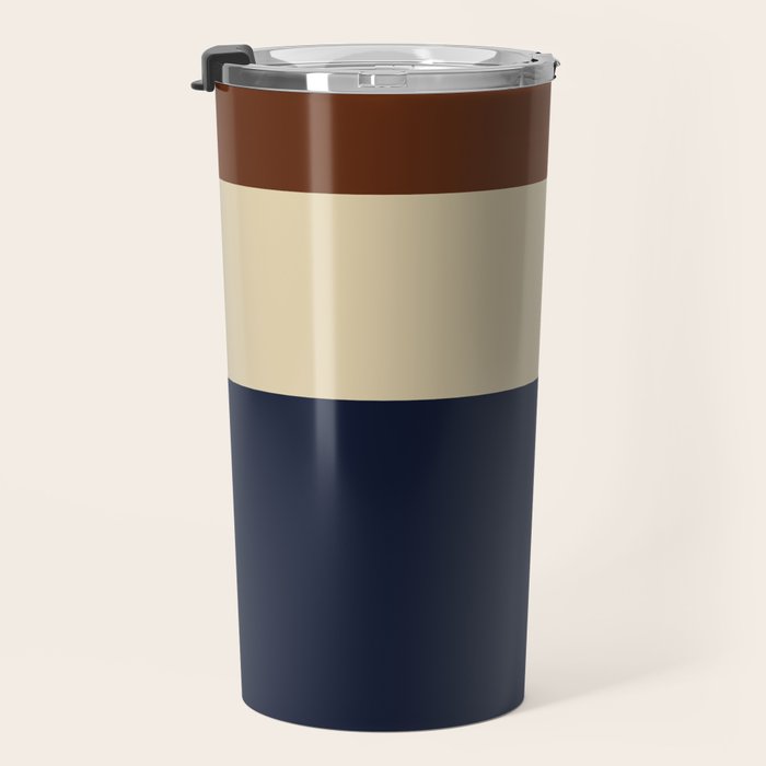 Color Block Triple - Minimalist Solid Stripe Pattern in Brown, Cream Beige, and Dark Navy Blue Travel Mug Gallery Image 3