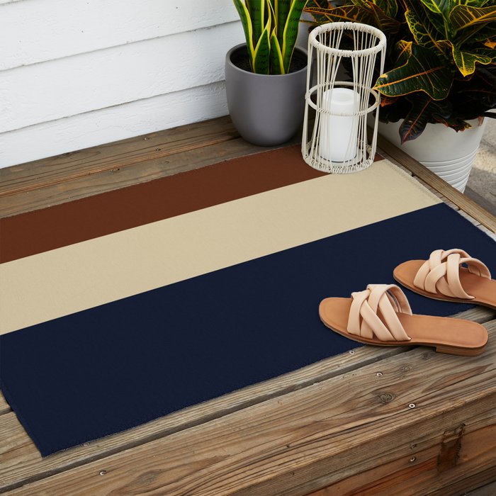 Color Block Triple - Minimalist Solid Stripe Pattern in Brown, Cream Beige, and Dark Navy Blue Outdoor Rug Gallery Image 2