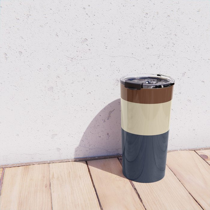 Color Block Triple - Minimalist Solid Stripe Pattern in Brown, Cream Beige, and Dark Navy Blue Travel Mug Gallery Image 4