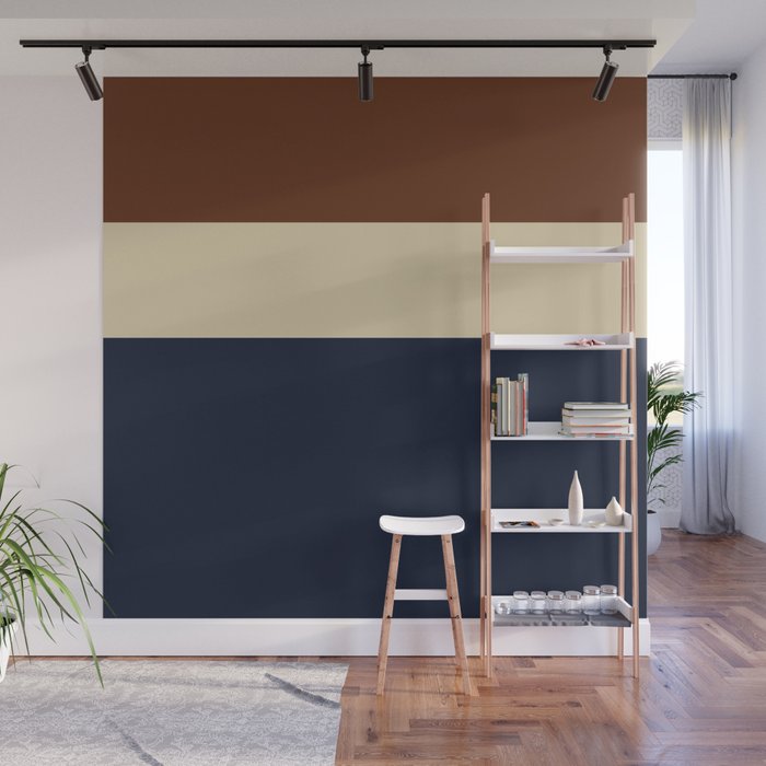 Color Block Triple - Minimalist Solid Stripe Pattern in Brown, Cream Beige, and Dark Navy Blue Wall Mural Gallery Image 1