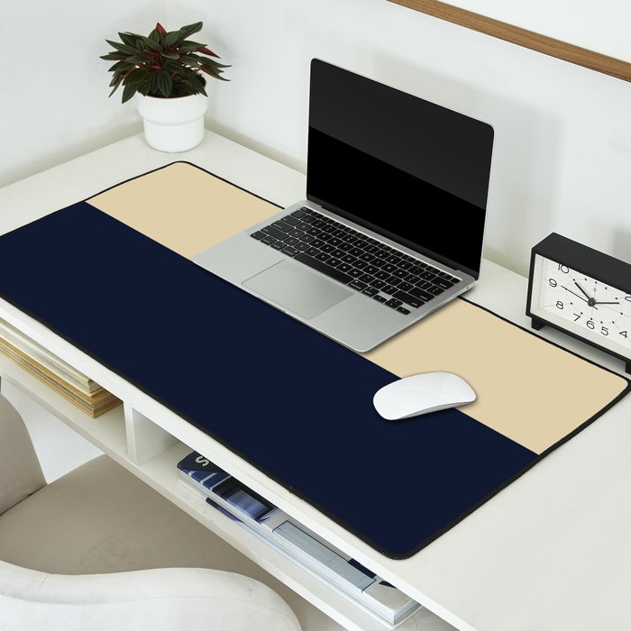 Color Block Triple - Minimalist Solid Stripe Pattern in Brown, Cream Beige, and Dark Navy Blue Desk Mat Gallery Image 2