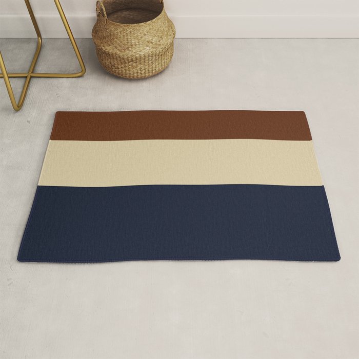 Color Block Triple - Minimalist Solid Stripe Pattern in Brown, Cream Beige, and Dark Navy Blue Rug Gallery Image 1