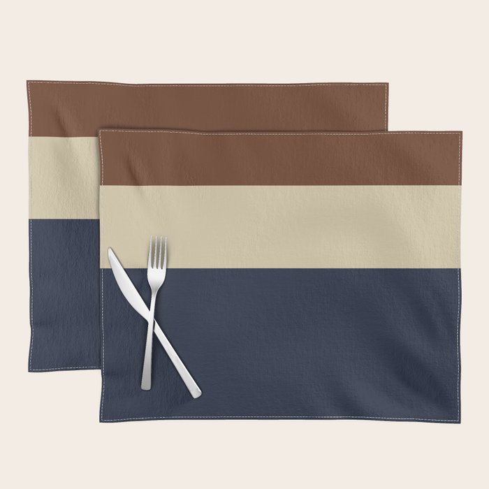 Color Block Triple - Minimalist Solid Stripe Pattern in Brown, Cream Beige, and Dark Navy Blue Placemat Gallery Image 1