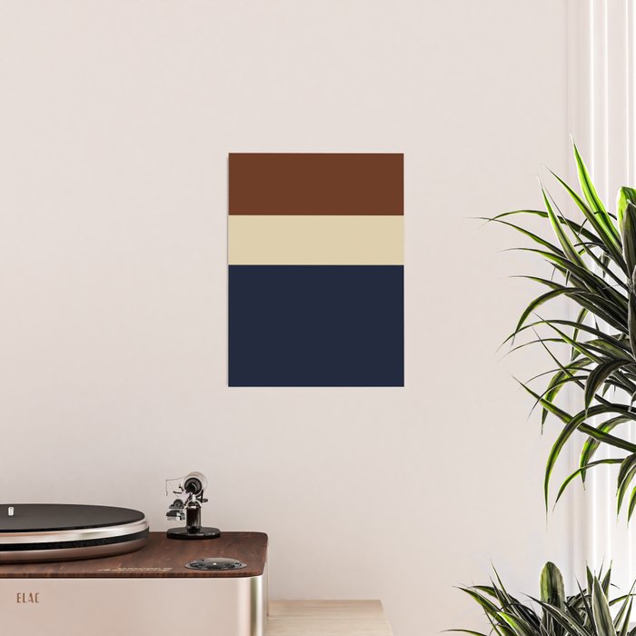 Color Block Triple - Minimalist Solid Stripe Pattern in Brown, Cream Beige, and Dark Navy Blue Poster Gallery Image 2